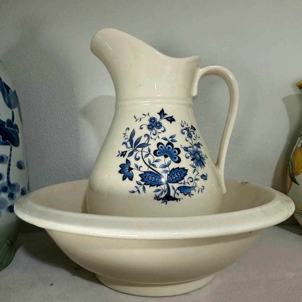 Vintage Elegant Blue and White Floral Pitcher and Basin Set